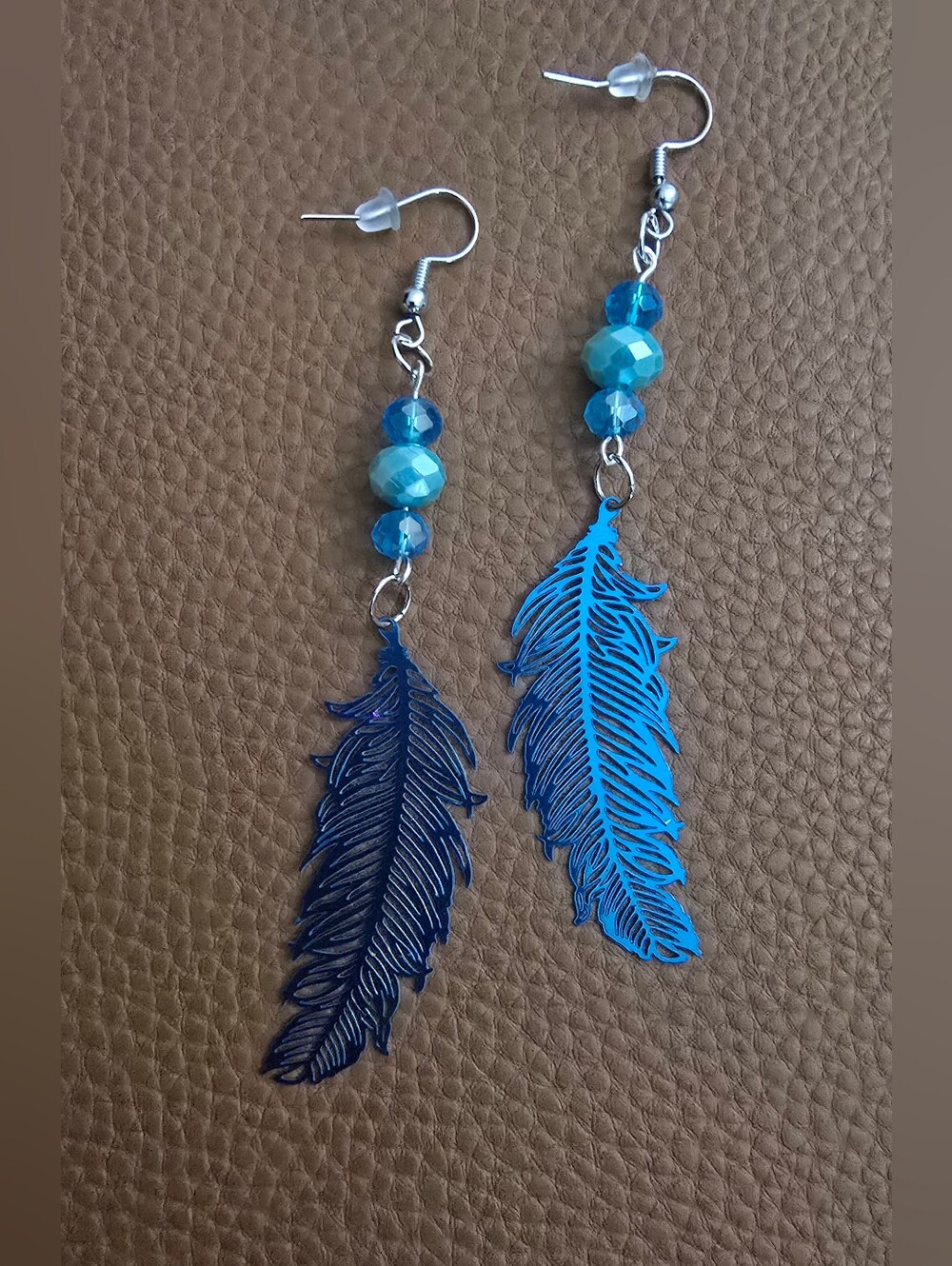 Hand Crafted Blue Feather Dangle Earrings
